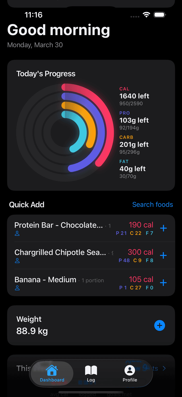 Dashboard with daily progress rings